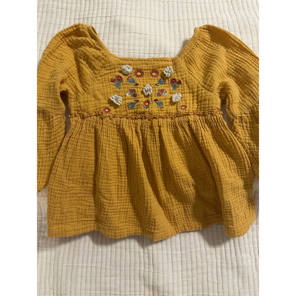 Kids Headquarters Mustard Yellow Muslin Embroidered Floral Tunic Top 4T Fall